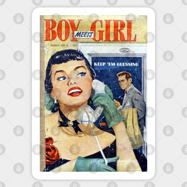 Vintage Romance Comic Book Cover - Boy Meets Girl Sticker by Slightly Unhinged